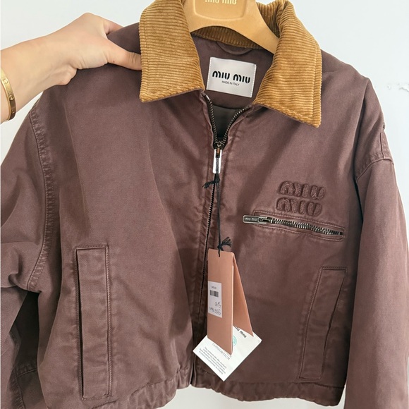 Miu Miu AUTHENTIC NEW Brown Zip-Up Corduroy Collar Crop Padded Bomber Jacket - Picture 4 of 8